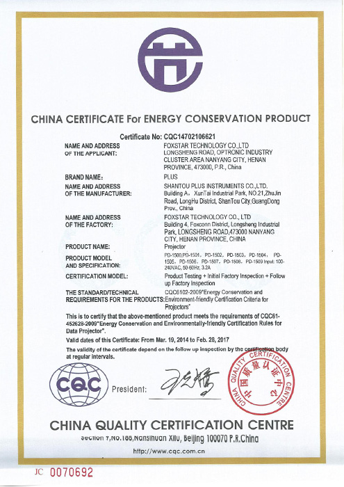 CHINA CERTIFICATE For ENERGY CONSERVATION PRODUCT